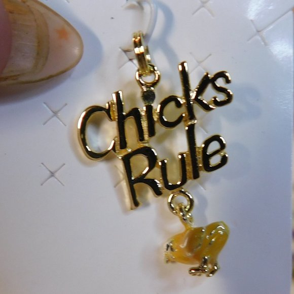 STERLING SILVER~"CHICKS RULE" PENDANT WITH HANGING ENAMELED CHICK~1" - Picture 3 of 7